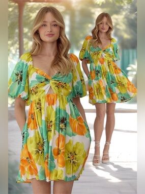 Entro | The Poppy Twist Front Cut Out Mini Dress Green Orange Floral New Medium
